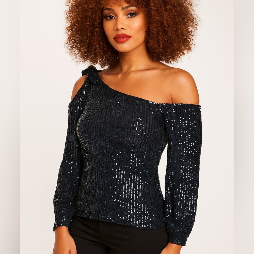 CeCe glamorous bows Navy Sequin Off-Shoulder cold Blouse sequence bling NWT Sz M - Picture 3 of 15